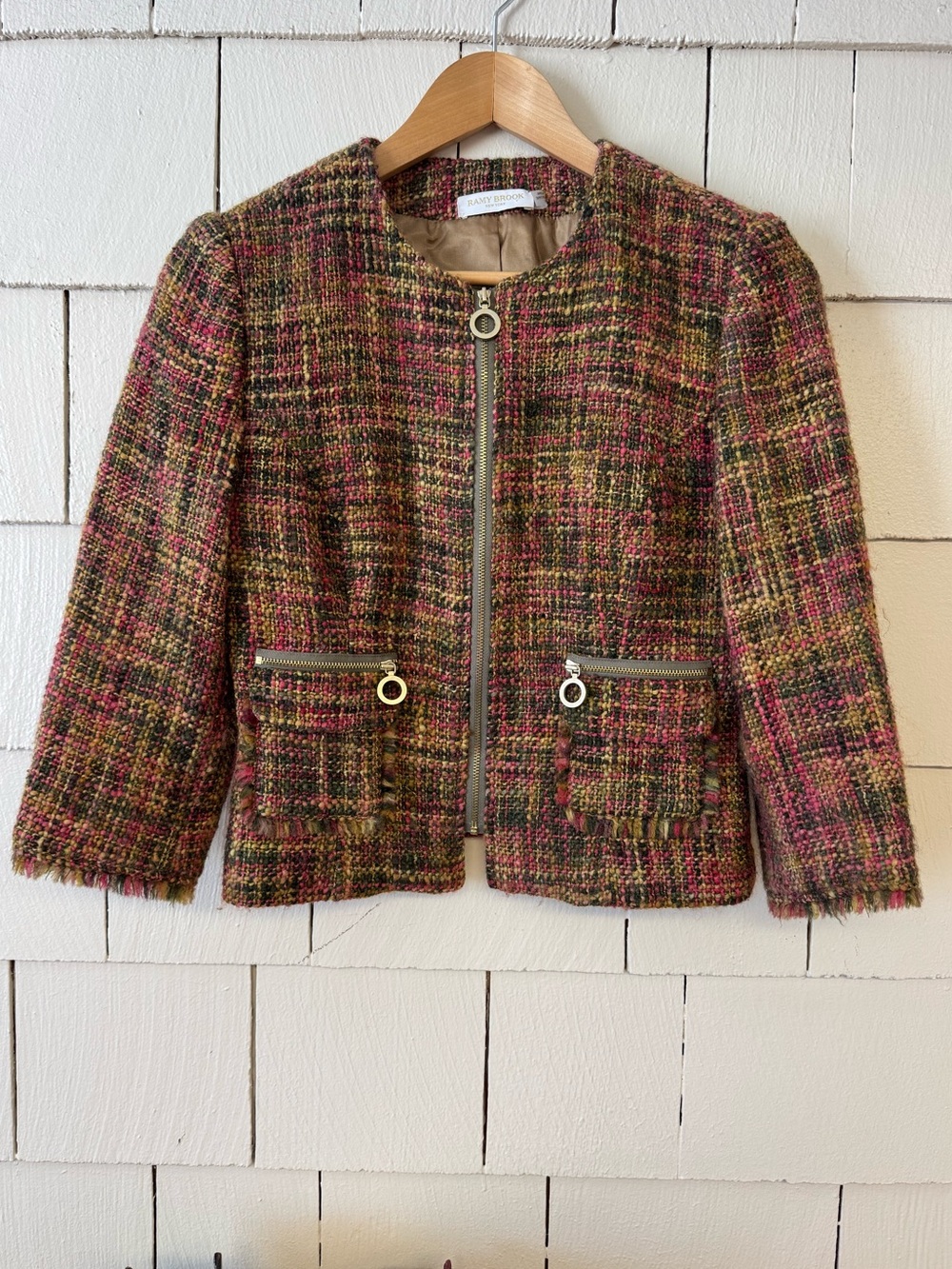 Ramy Brook Wool Tweed Jacket Midi Sleeve Fray Hem Brass Ring Pull Zipper Pocket